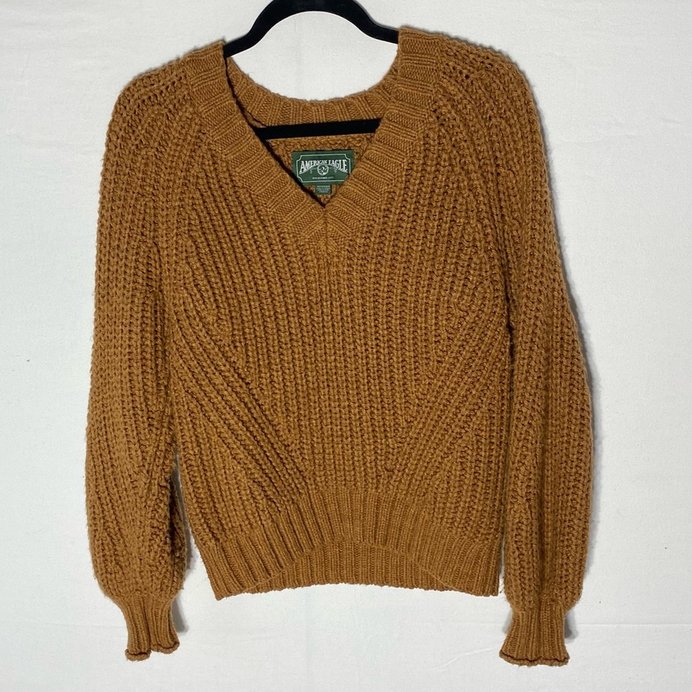 American Eagle Outfitters Ochre Knit V Neck Sweater W Bubble Sleeves XS